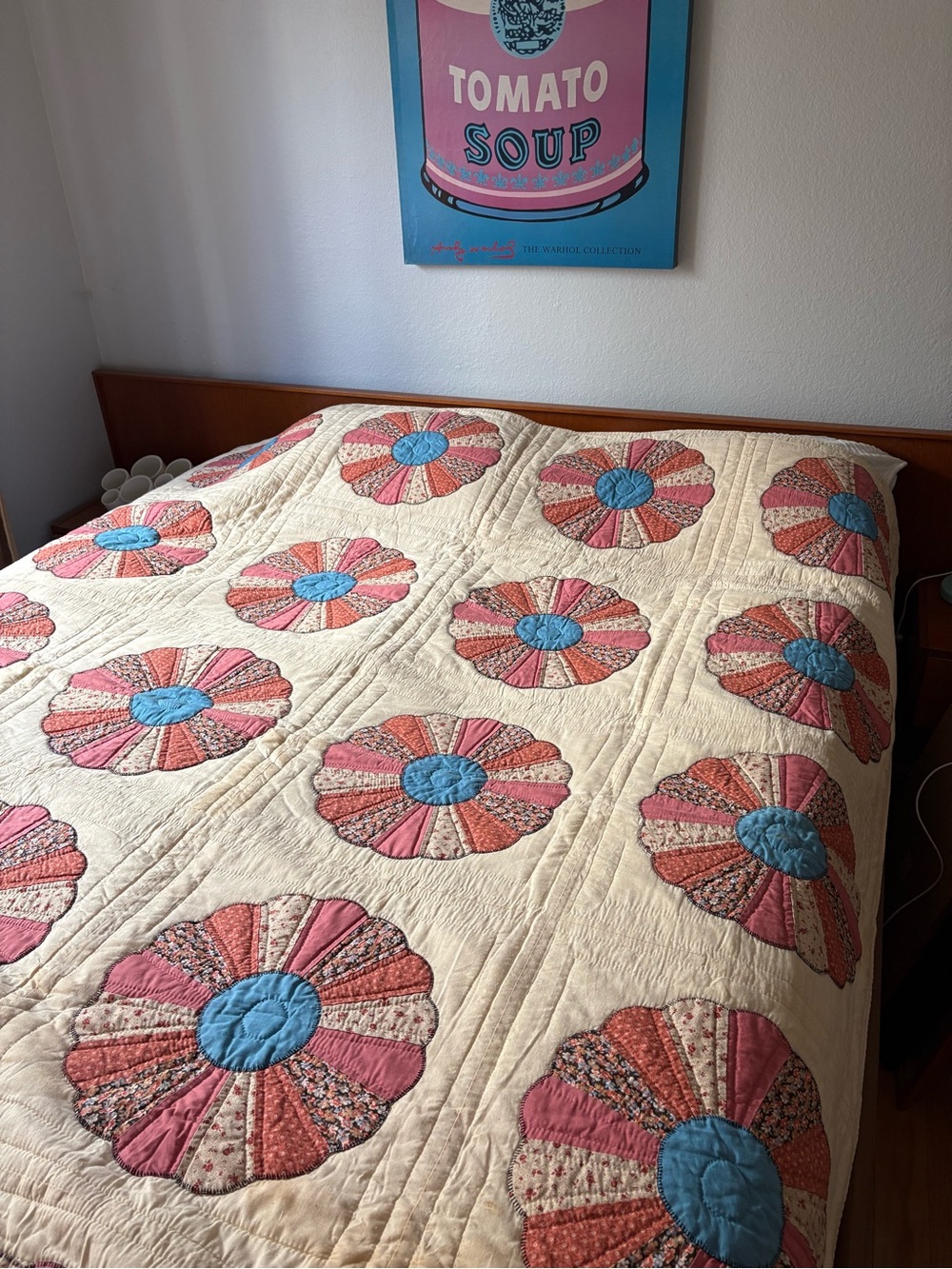 Vintage-Style Cream Quilt with Pink and Blue Floral Medallion